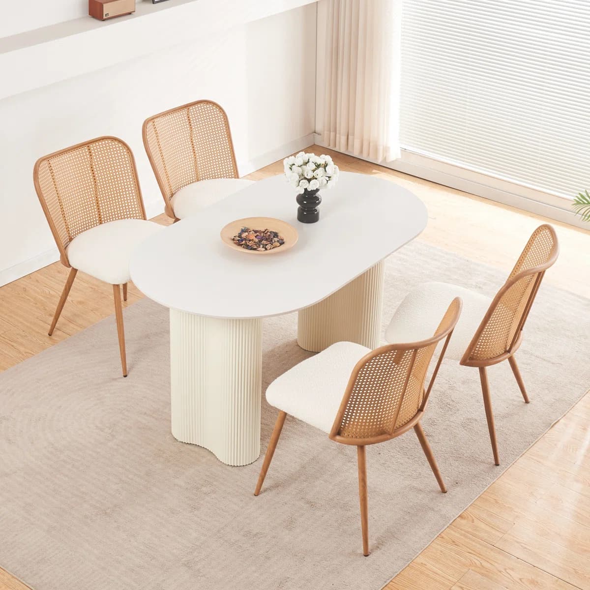 Minimalist Rattan Dining Chair with Soft Bouclé Seat