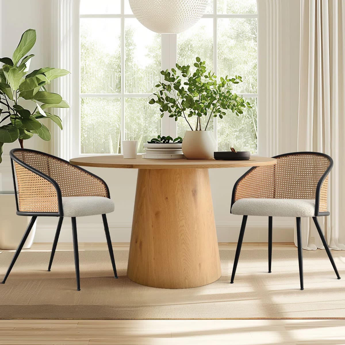 Woven Rattan Chair with Bouclé Seat & Iron Frame
