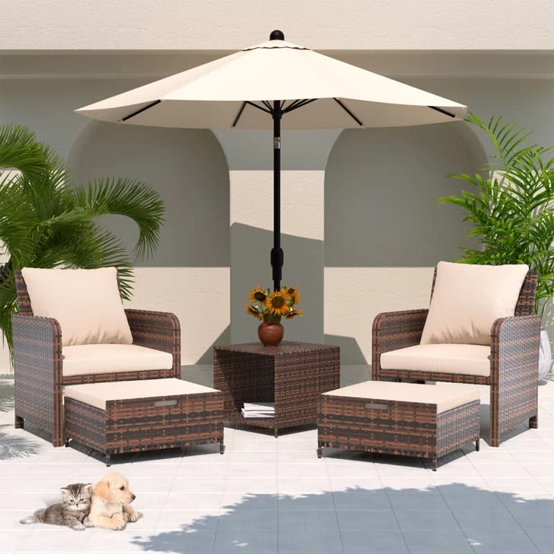 Synthetic Rattan Lounge Chairs with Ottomans & Table