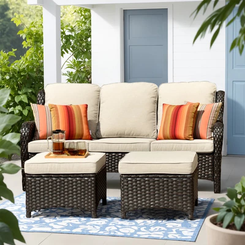 Synthetic Rattan 3-Seater Sofa Set with Ottomans