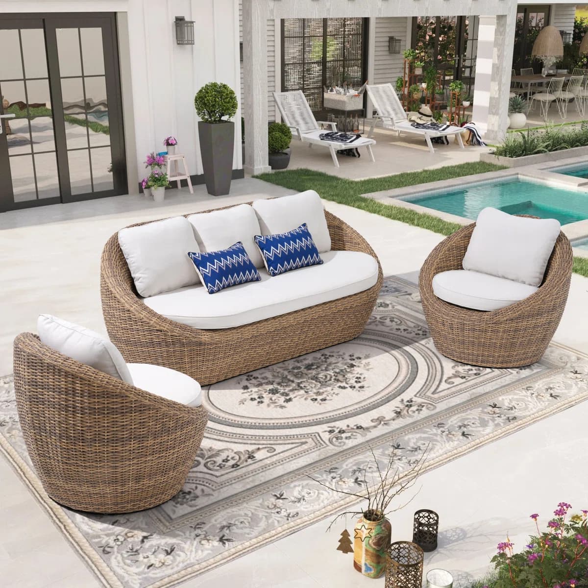 5-Seater Synthetic Rattan Sofa Set with White Cushions
