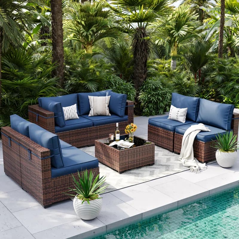 6-Seater Synthetic Rattan Patio Sofa Set with Glass Table