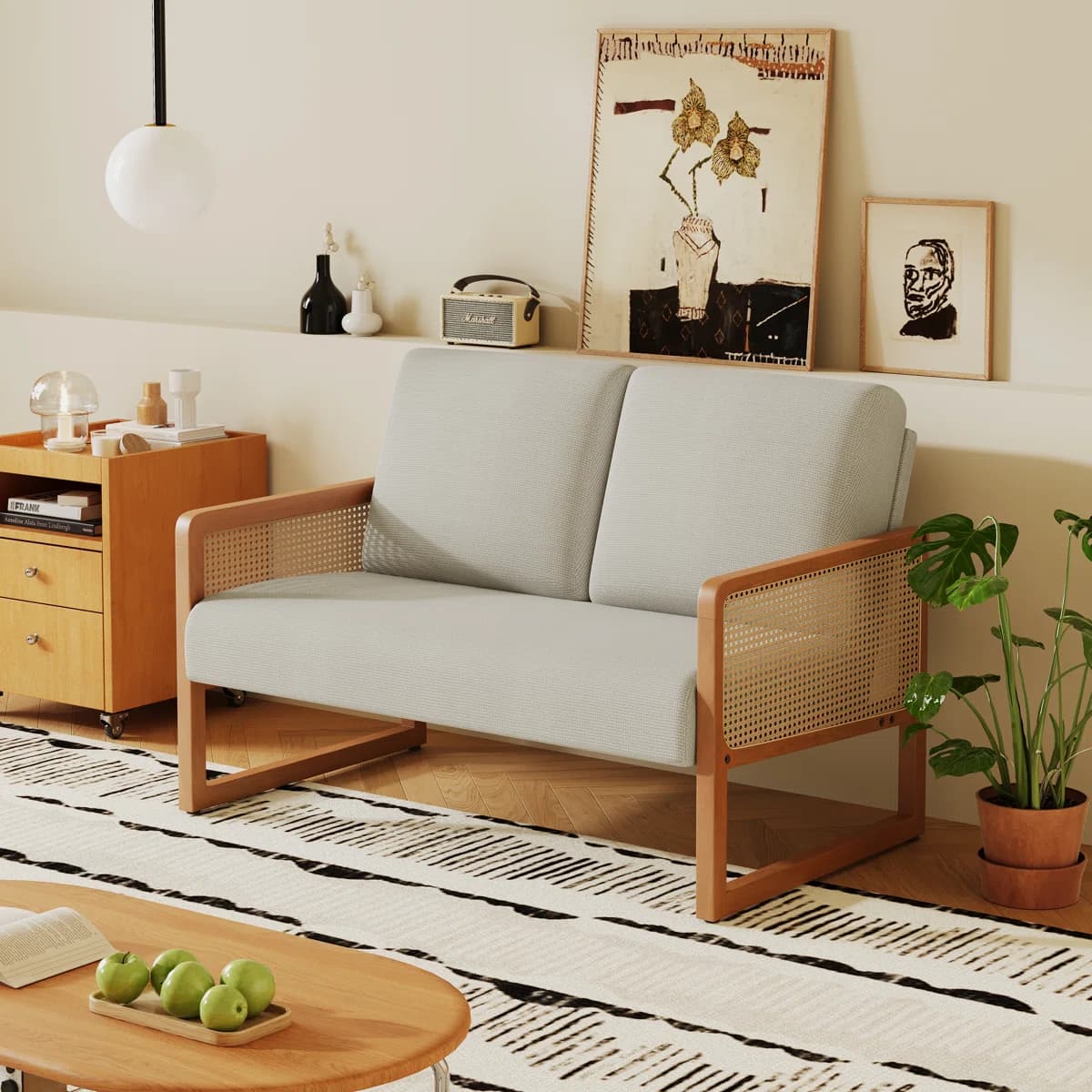 2-Seater Wood & Rattan Loveseat Sofa