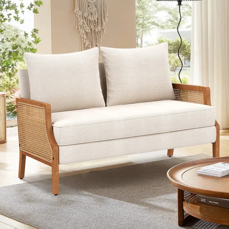 Wood & Rattan Loveseat Sofa with White Cushions