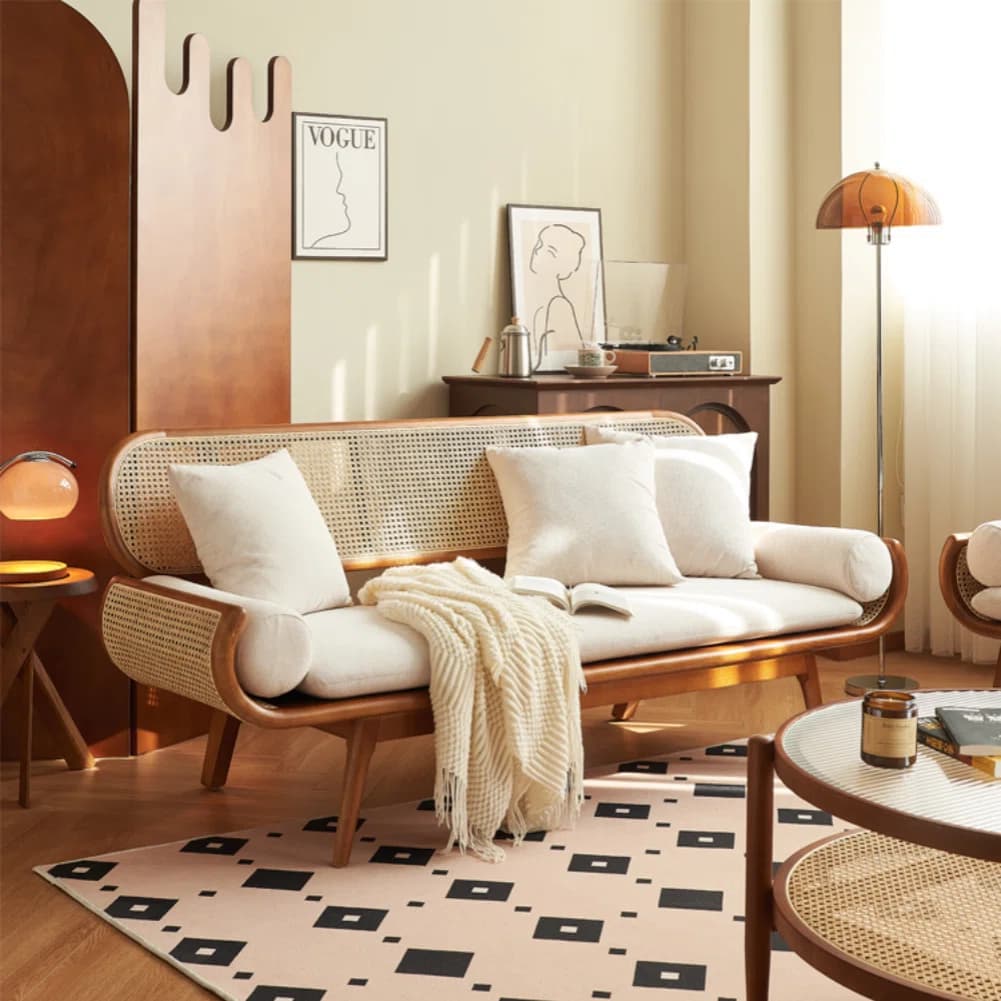 Modern Minimalist Wood & Rattan 3-Seater Sofa