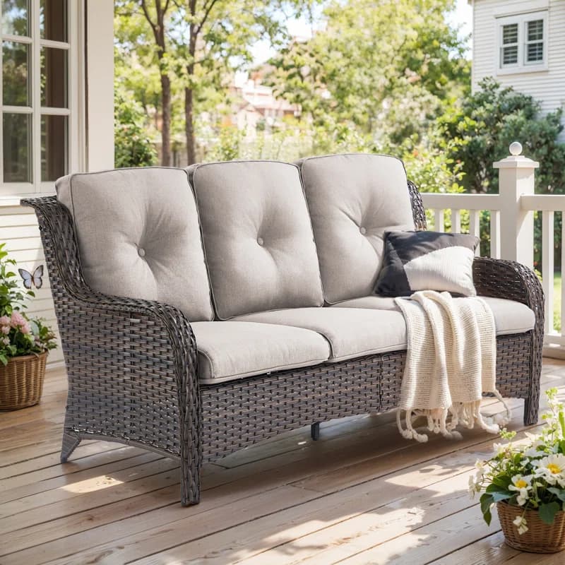 Synthetic Rattan 3-Seater Sofa with Cushions